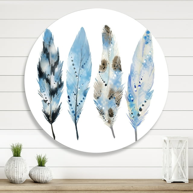 Designart - Blue Boho Feathers I - Bohemian & Eclectic Metal Circle Wall Art