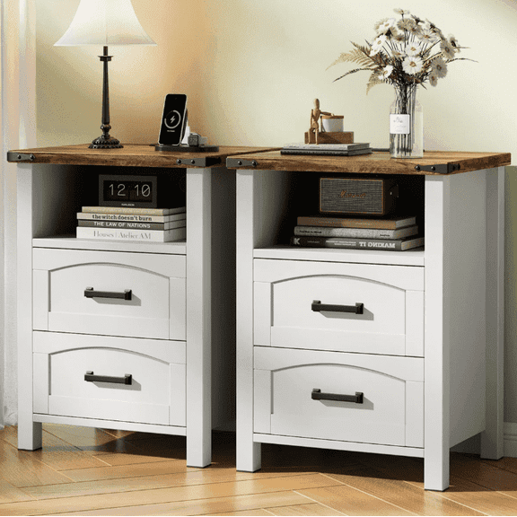 Easoger Farmhouse Nightstand Set of 2 with Charging Station, 18" Wide Rustic End Table with USB/Type-C Ports & 2 Drawers for Bedroom, White Walnut