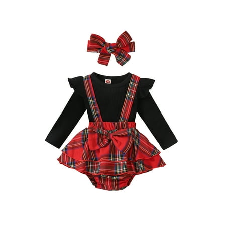 

Tempura Newborn Girl 3Pcs Outfits Long Sleeve Round Neck Pullover + Plaid Pattern Ruffles Suspender Short Pants + Decorative Hairband