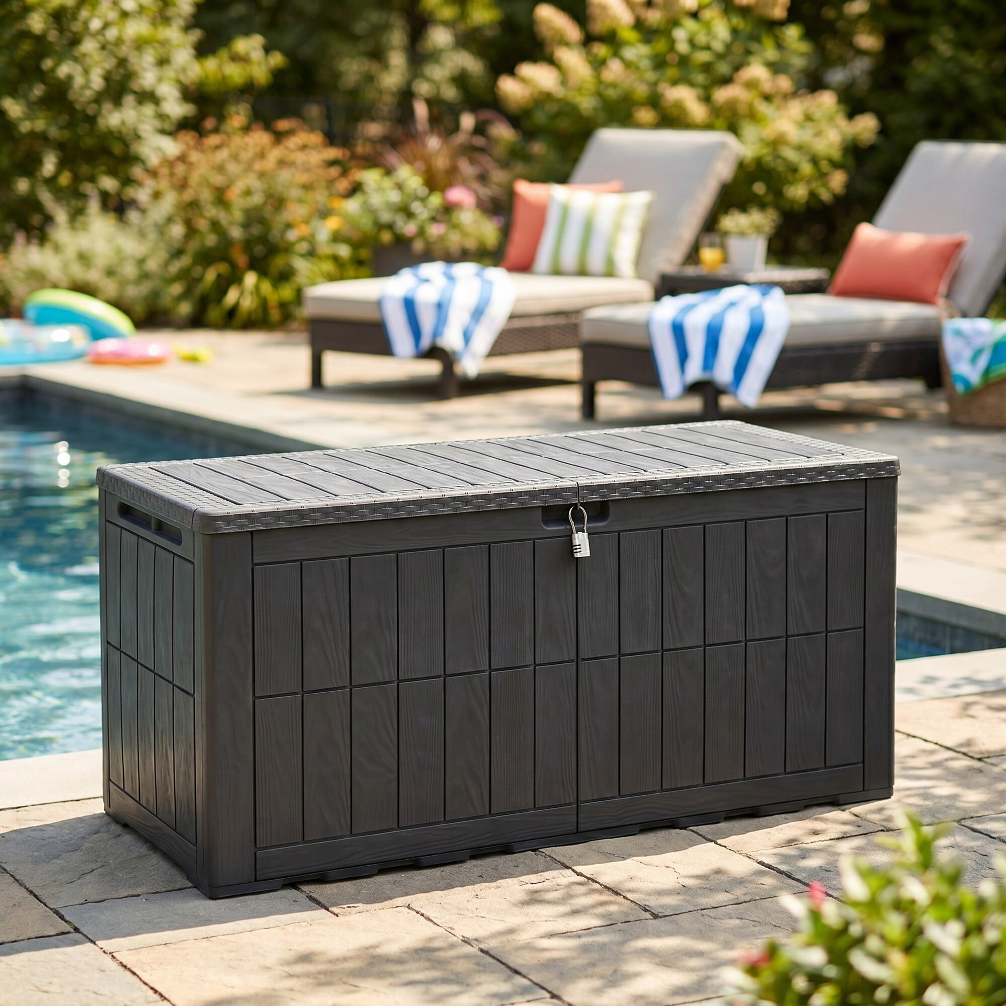 Uforic 134 Gallon Waterproof Outdoor Storage Box with Lock, Resin Deck Box with Hydraulic Support, Weatherproof Storage Bin for Patio Cushions Garden Tools Pool Supplies, Dark Gray