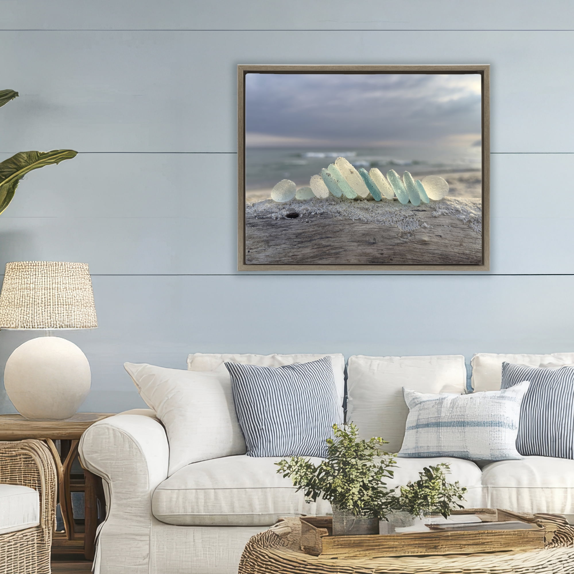 Stupell Industries Sea Glass On Driftwood Brown Framed Floater Canvas Wall Art, design by LMarie Allen