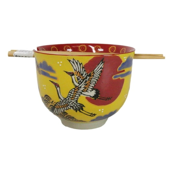 Japanese Cranes With Red Moon Yellow Donburi Ramen Soup Bowl With Chopsticks Set