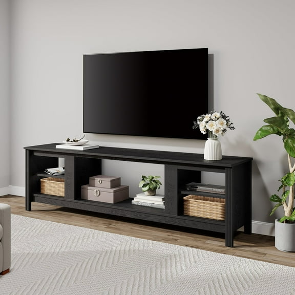 FITUEYES Modern TV Stand for 75 Inch TV, Wooden Entertainment Center with Open Shelves for Living Room Bedroom, 70 inch, Black