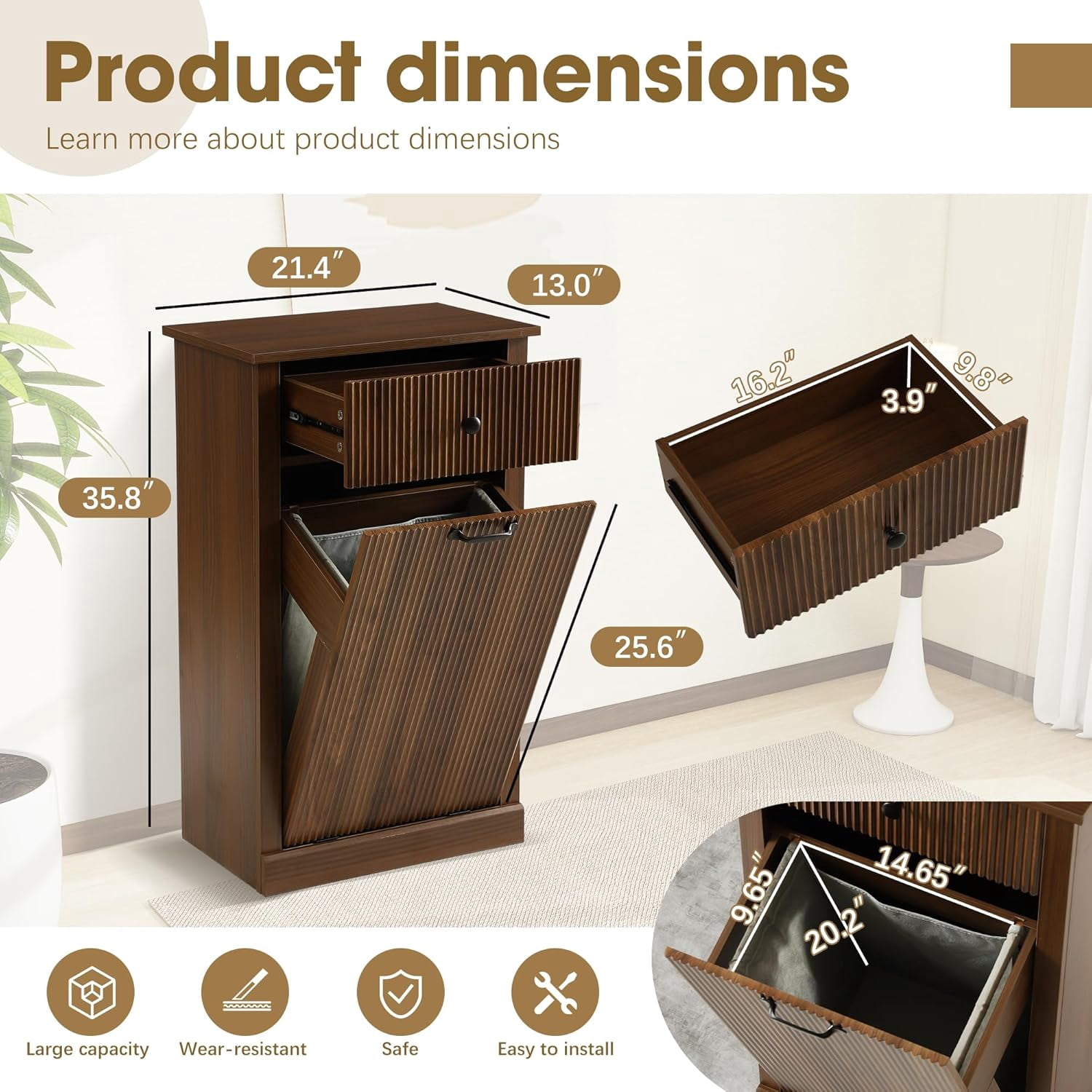 Magic Union Tilt Out Fluted Laundry Hamper Cabinet, 11 Gallon Hidden Laundry Hamper, Wooden Trash Can Cabinets with Drawer, Modern Garbage Can Cabinet for Bathroom, Kitchen, Living Room