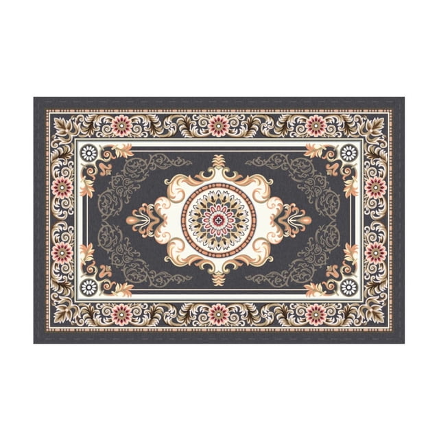 tapetes para sala de estar y puertas para el hogar Multicolor #2 Dwellis — vista frontal centrada de tapete rectangular con medallón floral crema y rosa en el centro sobre fondo gris oscuro; marcos blancos interiores, motivos de hojas doradas y flores rosas en el borde, patrón simétrico ornamental, tejido plano para sala o entrada, también apto como alfombra decorativa de pasillo.