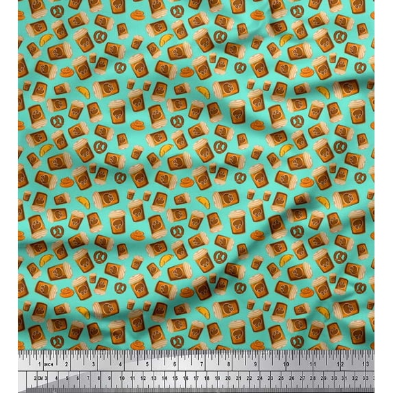 Soimoi Polyester Crepe Fabric Coffee,Croissant & Pretzels Food Print Fabric by Yard 42 Inch Wide