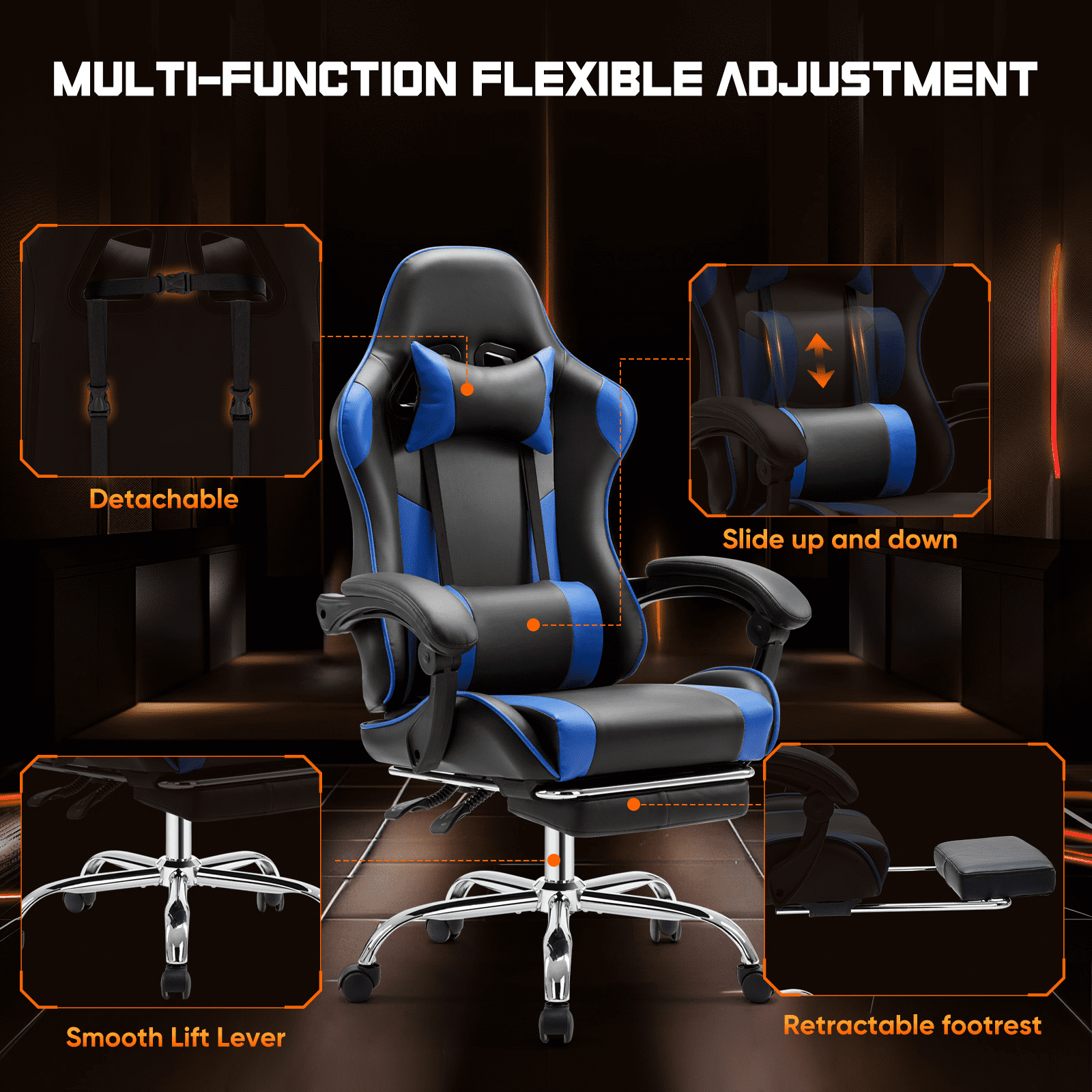 MAYEERTY Video Game Desk Chair - Ergonomic Computer with Footrest and Comfy Lumbar Support, PU Leather Recliner with Headrest, Fixed Up Armrest,