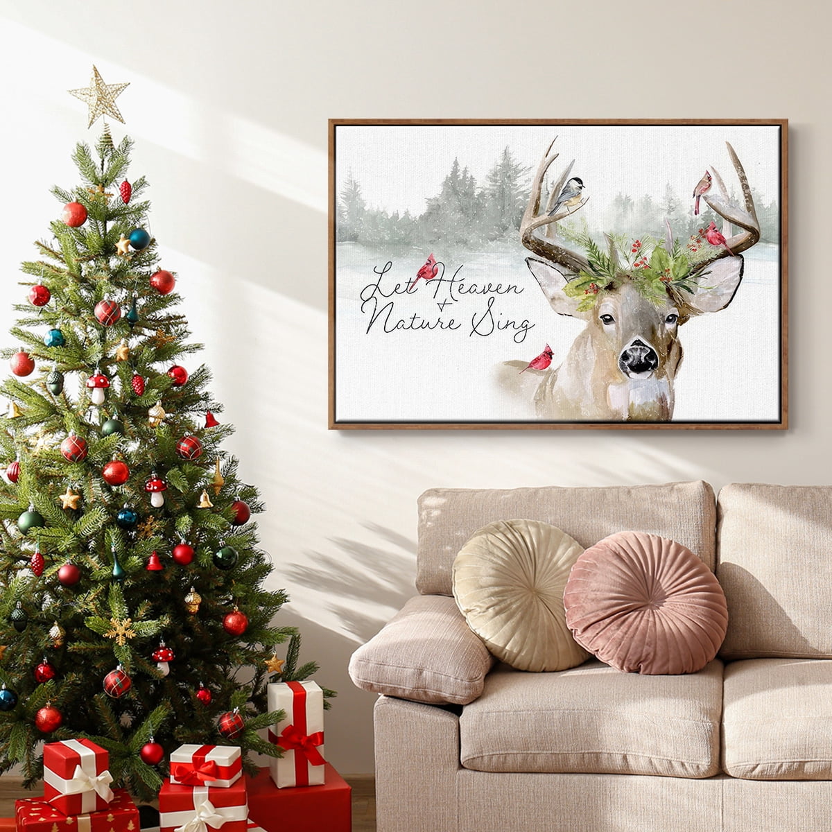 Holiday Deer Collection A - Framed Gallery Wrapped Holiday Canvas - 17 x 25 - Rosewood Frame