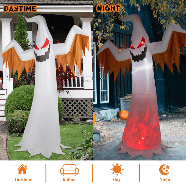 Alvantor 11.8 ft Giant Ghost Halloween Inflatable with 4 Built-in Lights and Flashing Red Eyes, White