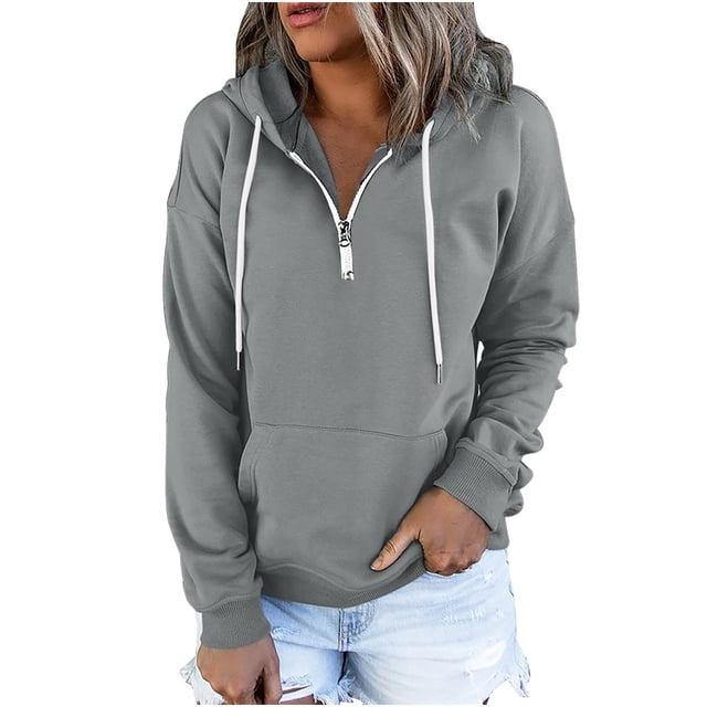 ICHUANYI Clearance Women's Hooded Solid Color Long-sleeved Sweatshirt Casual Blouse Pullover Tops(Gray, S) ICHUANYI WER2023080901995