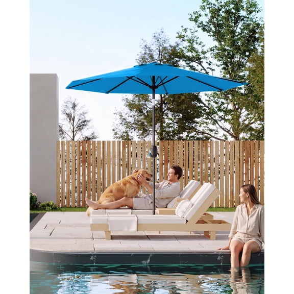 9FT Outdoor Patio Umbrella, 8 Sturdy Ribs, Crank Lift & Push Button Tilt, Waterproof UV Protection Market Table Umbrella for Garden, Deck, Pool & Backyard, Available in Navy Blue & Beige