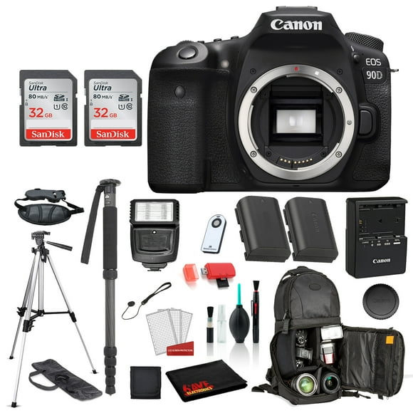 Canon EOS 90D Digital SLR Camera Body Only (3616C002) Professional package deal Bundle 'SanDisk 32GB SD Card (2CT) + Extra Battery for LPE6 + 72' Tripod + MORE