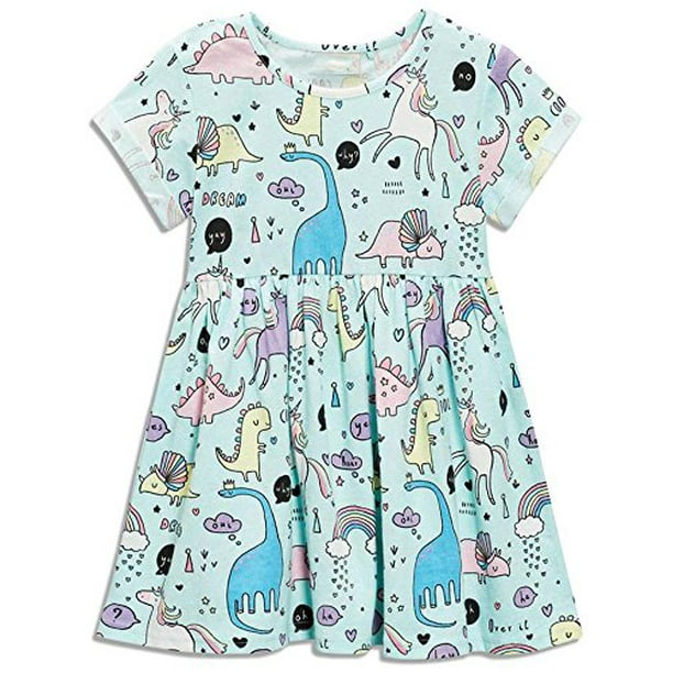 Bebé Niña Dinosaurio Vestidos De Verano Ropa De Manga Corta Trajes Casuales 2T Azul