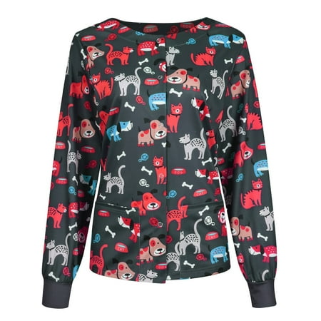 

SQUARE CARMEN Women Casual Fashion Long-sleeved Single-breasted Printed Overalls Jacket Top Black XXL