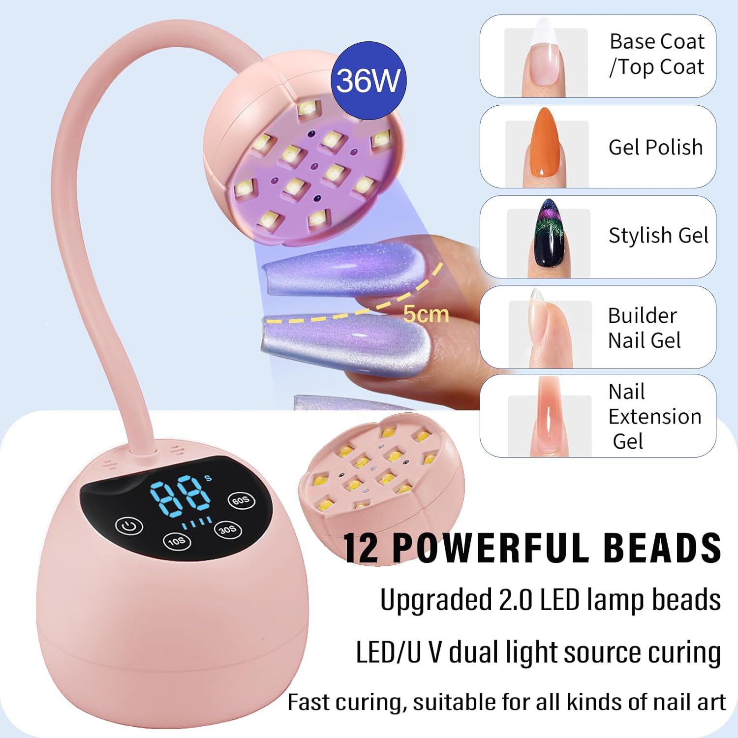ABCISI UV LED Nail Lamp, 36W Mini Cordless Gel x Nail Lamp Flash Cure, Auto Sensor Gooseneck Portable USB Gel Nail Dryer UV Light with 3 Timers and LCD Display for Home DIY, ML-10007