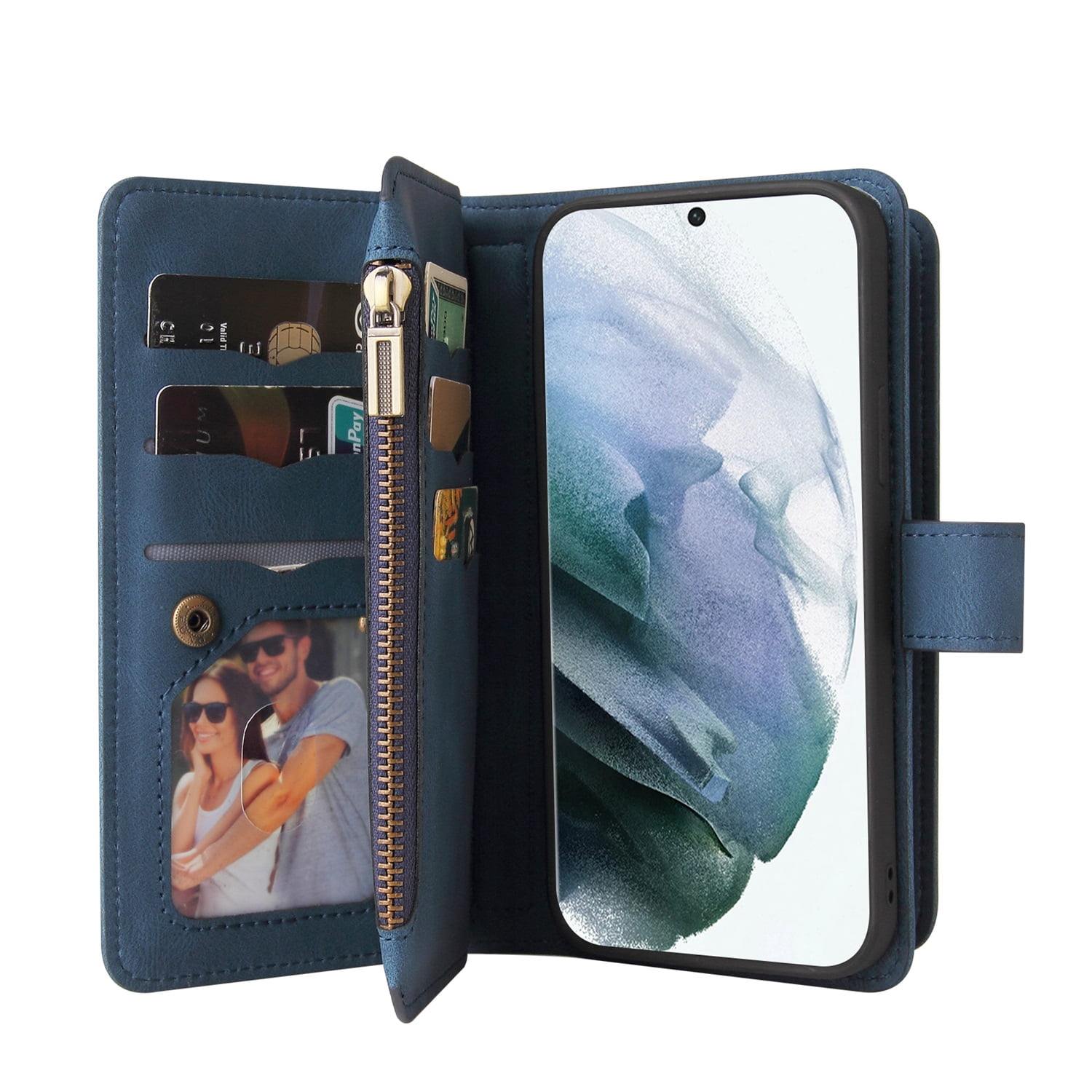 Phone Case for Samsung Galaxy S22 Ultra, S22 Ultra Wallet Case, Luxury Folio Flip Leather Cover [Zipper Pocket] [Wrist Strap] [Kickstand] for Samsung Galaxy S22 Ultra, Blue