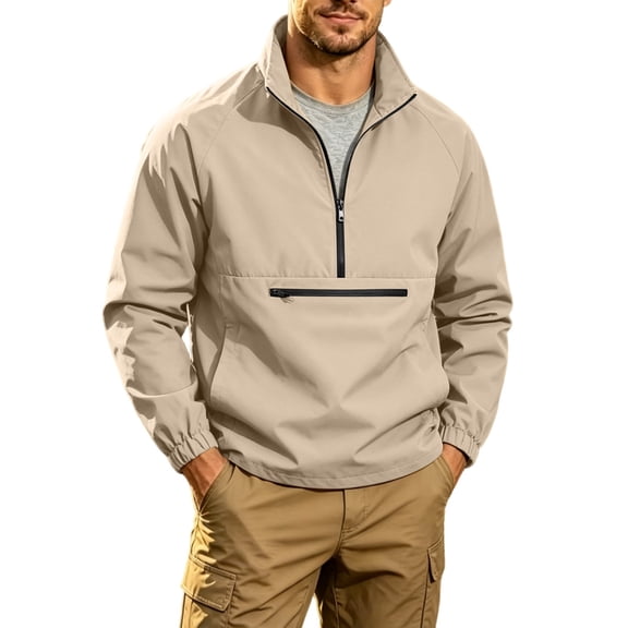 IROINNID Men Solid Stand Collar Half Zip Pullover Wind Jacket, Zip Chest Pocket Elastic Cuff Raglan Lightweight Outdoor Casual Top (Khaki,S)TopsBlouses & Tops