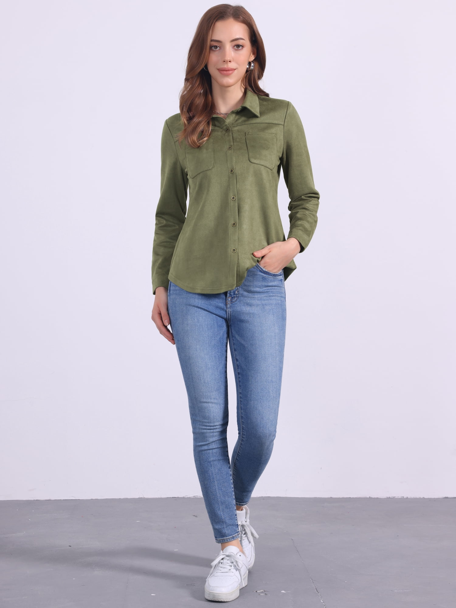 DARING DIVA Women's Button Down Long Sleeve Blouse Casual Spring Fall M Olive Green