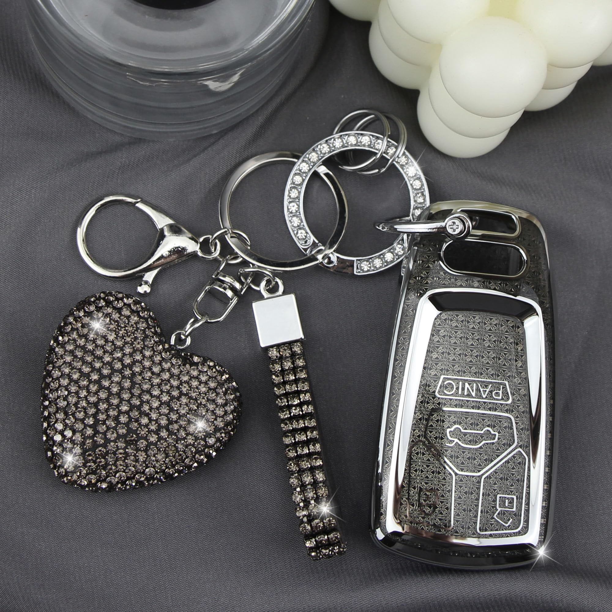 Key Fob Cover with Diamond Keychain Car Key Holder Compatible with Audi A4 A5 A6 A7 A8 /S4 S5 S8 SQ5 SQ7/RS4 RS5 R8 TTRS TTS TT/B9 C8 D5 F5 Q2 Q5 Q7/FY 4M FV, 4 Buttons