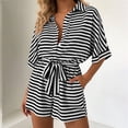 thumbnail image 6 of Short Rompers for Women Dressy Casual Striped Button Up Short Sleeve Jumpsuit Shorts with Belt Pockets (M, Black), 6 of 7