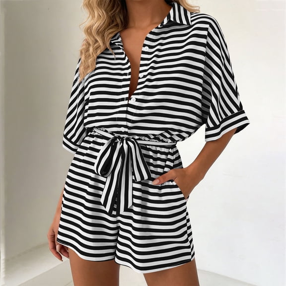 ClodeEU Women's Striped Notch Collar Button 3/4 Sleeve Romper with Belt,Casual Jumpsuit Shorts Black,Womens Plus L