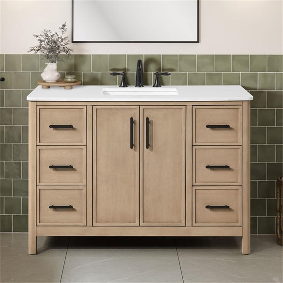 Pemberly Row 48" Bathroom Vanity in Sahara Birch with White Countertop