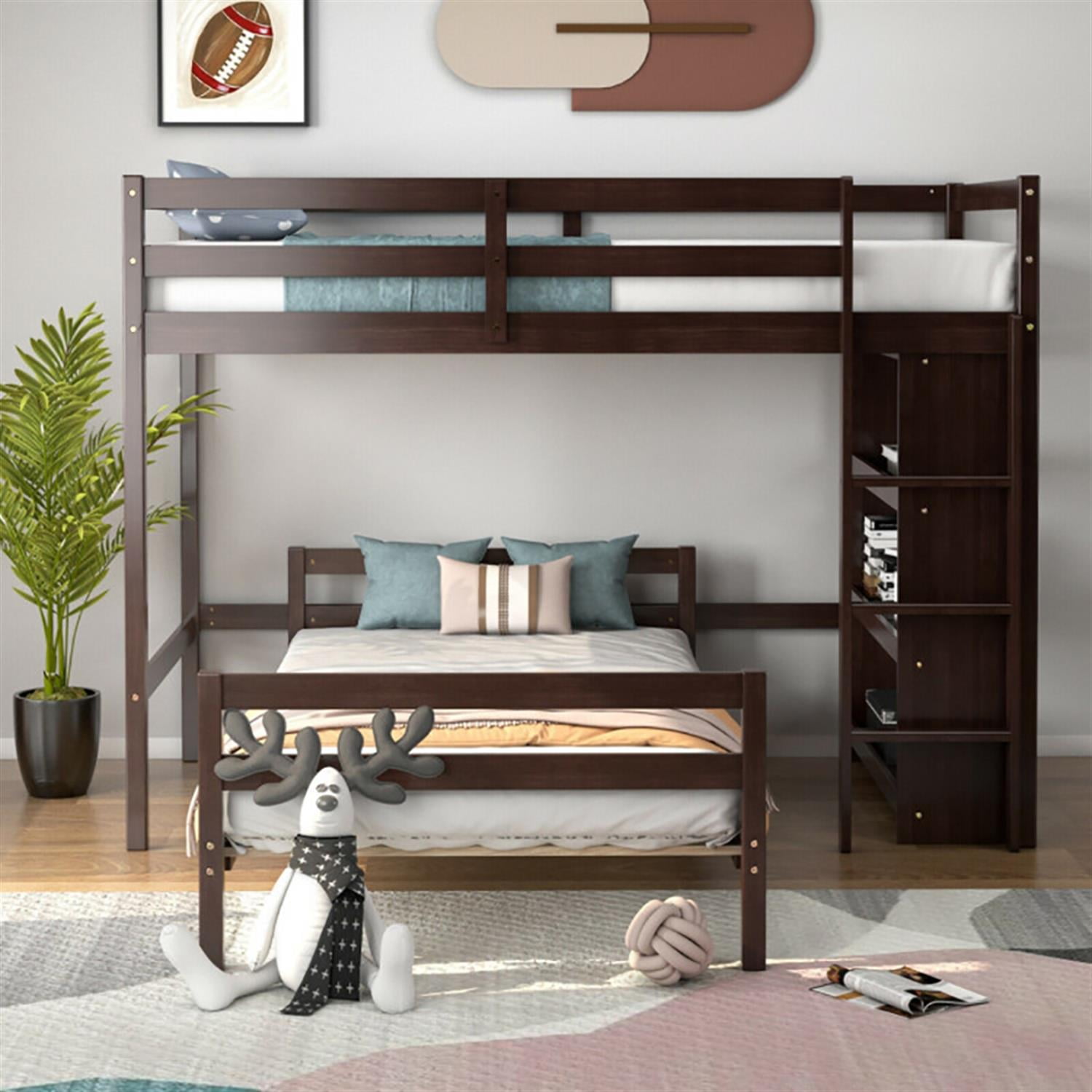 Demi Bonn Twin Over Twin Loft Bunk Bed with Bookcase, Space-saving Solid Wood House Bed Frame, Brown