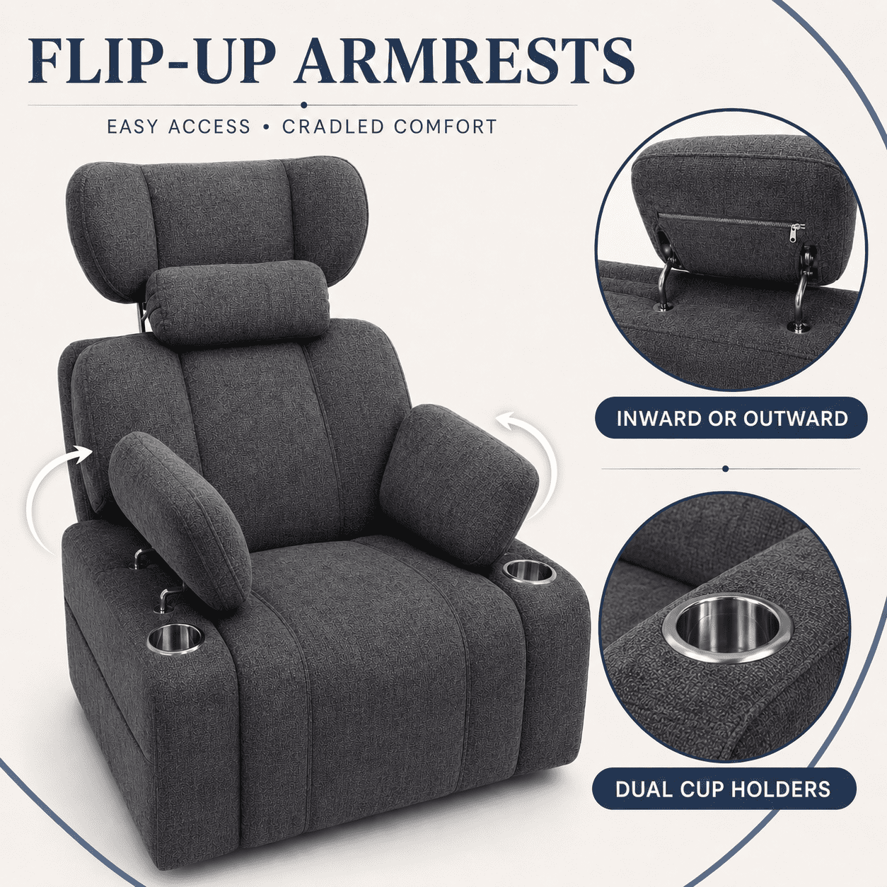 TiramisuBest Swivel Rocking Recliner Chair with Cup Holders,Big and Tall Manual Chenille Lounge Chair for Living Room,Dark Gray