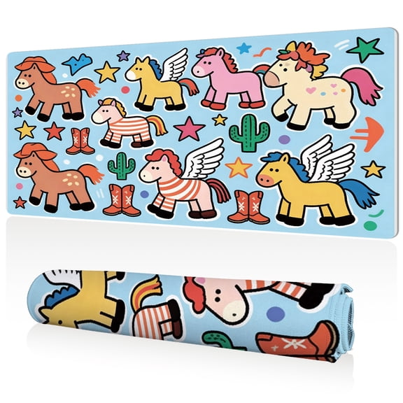 LIVEKEY Ultra Large Mouse Pad 80x40x0.3cm Cartoon Horses with Cowboy Boots Cacti and Stars Design Full Desk Coverage Non Slip Base Durable Easy Clean Sewn Edges for Gaming and Office