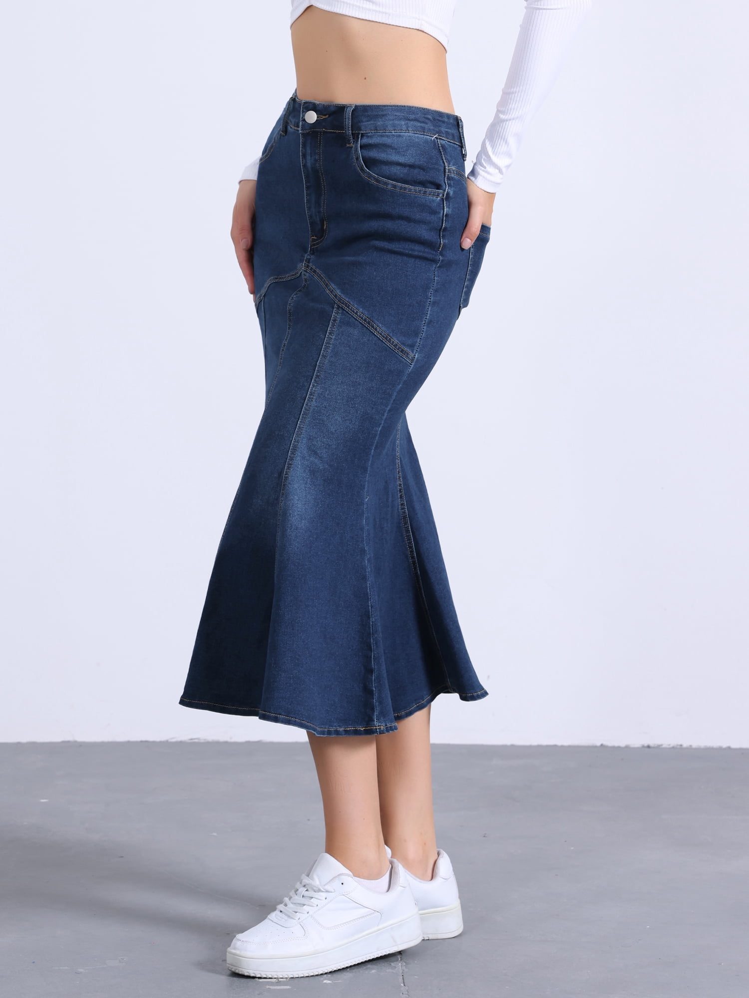DARING DIVA Fishtail Denim Skirt Women's Washed Midi Jean Bodycon Skirt XL Dark Blue