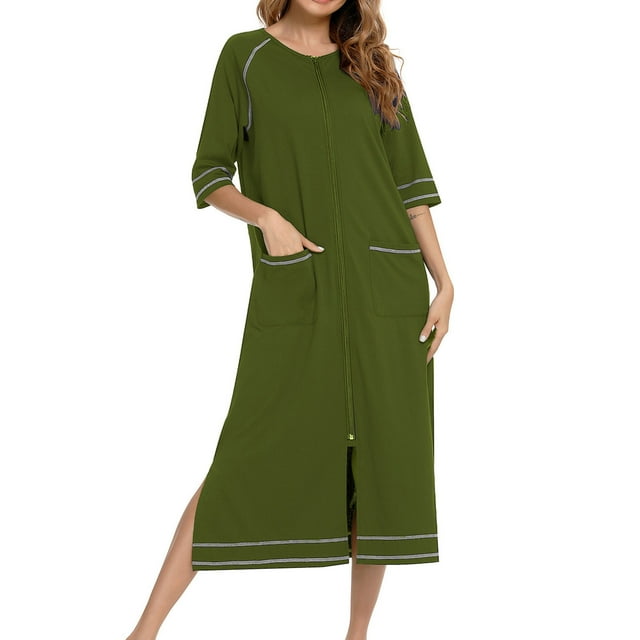 KIHOUT Women Robes Zipper Front 3/4 Sleeve Housecoat with Pockets Solid Color Sleepwear S-2XL