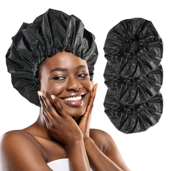 Extra Large Shower Cap, 3Pcs Jumbo Plastic Shower Caps for Women & Men Waterproof Reusable for Bath, MoHern XL Shower Cap for Dreadlocks, Braids, Long Hair (Black)