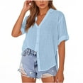 thumbnail image 2 of Sevevn Women's V-Neck Short Sleeve Loose Button Cotton And Linen Tunic Summer Blouse Shirt End of Year Clearance Sky Blue S, 2 of 7