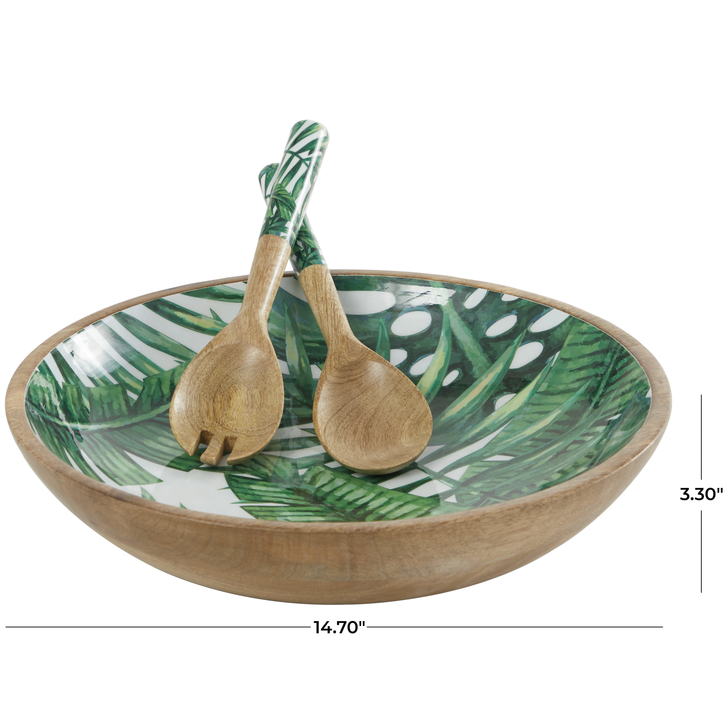 DecMode 15", 11", 11"W Handmade Round Green Mango Wood Decorative Bowl with Matching Salad Serving Utensils, Set of 3