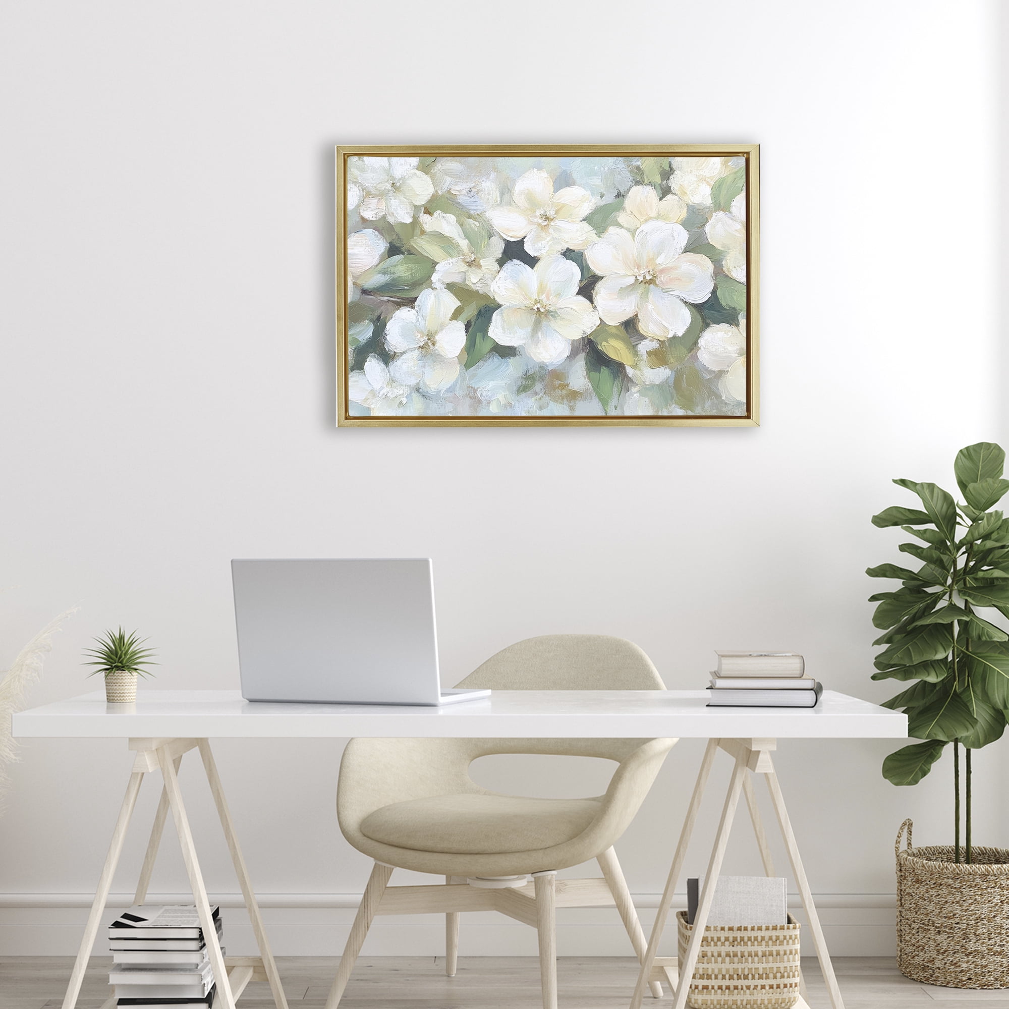 Stupell Industries Painted White Flowers in Leaves Gold Framed Floater Canvas Wall Art, design by Petal Prints Design