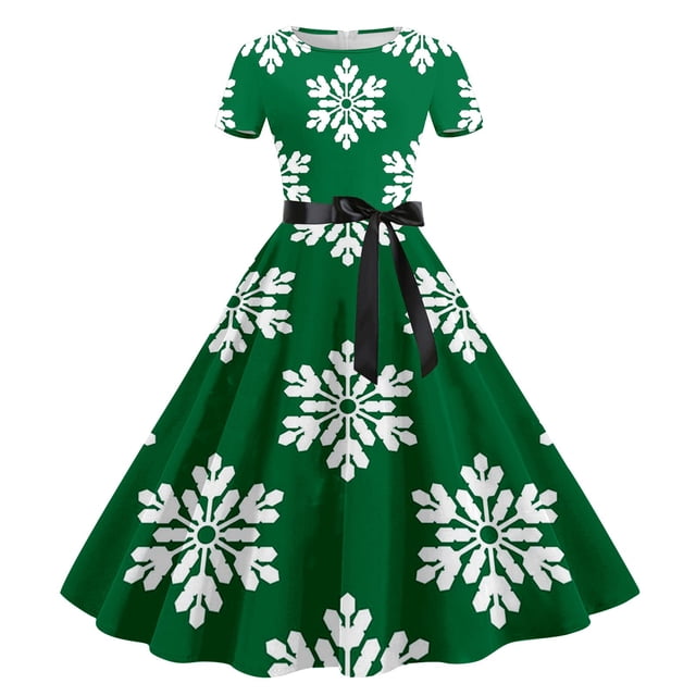 Qertyioot Robe Imprimée de Noël pour Femmes, Mode Hiver Manches Courtes Vintage Décontractée