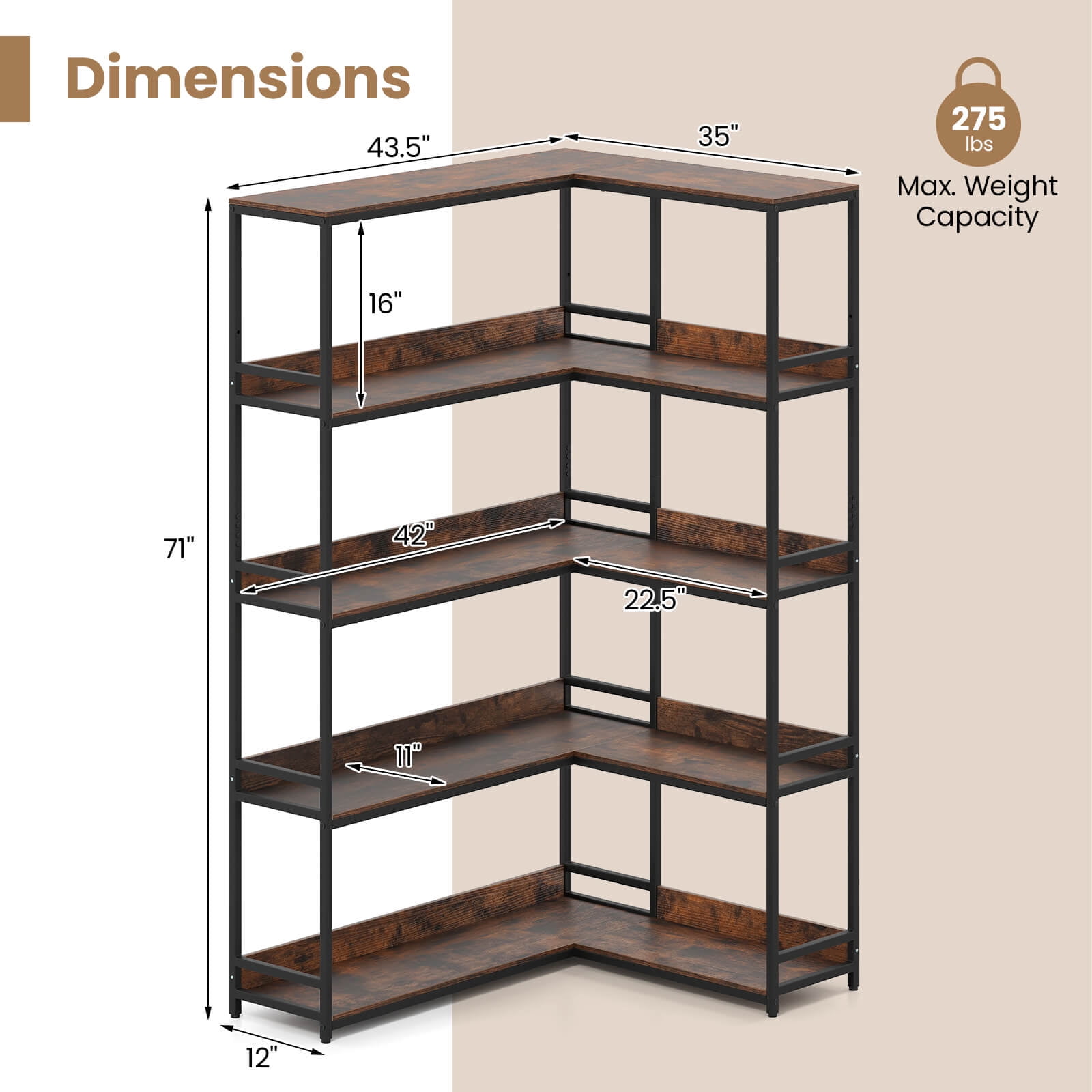 Costway Corner Bookshelf 5-Tier L-Shaped Bookcase 71" Tall Etagere Bookshelf with Metal Frame Brown