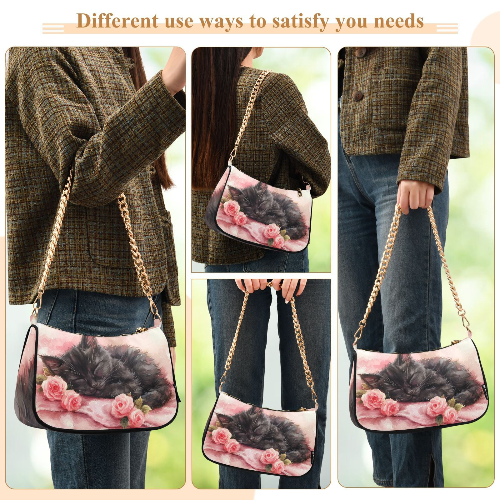Cat FlowersWomen Small Shoulder Bag Crossbody Tote Hobo Bags Purse Clutch Handbags with Chain Strap for Women