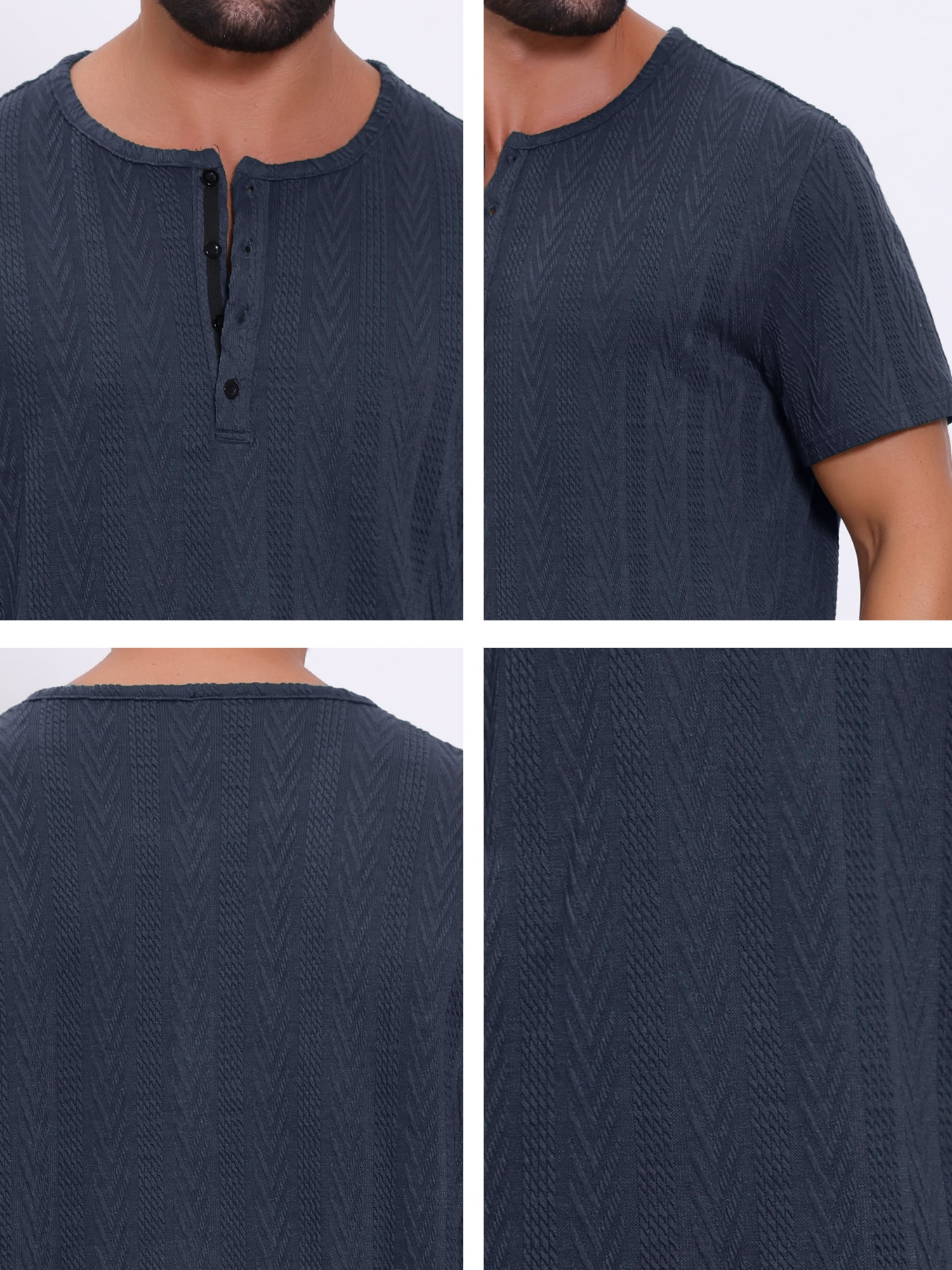 DARING DIVA Men's Henley Short Sleeve Button Down Jacquard Knitted T-Shirt S Dark Blue