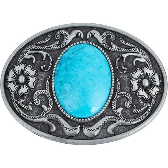 Turquoise Stone Buttons 90×66Mm Belt Buckles Men American Western Cowboy Indian Elements Vintage Turquoise Belt Buckle Oval with Flower for Men's Belt Antique Silver grey