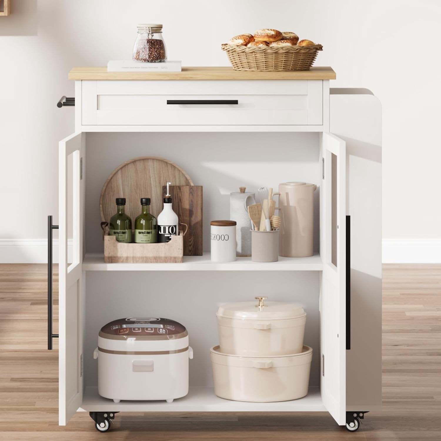 Rolling Kitchen Island with Drawer Mobile Wooden Cart with Storage Cabinet & 3-Tier Spice Rack, Thick Solid Wood Top Trolley 48" Farmhouse Coffee Bar Station with Glass Door Cabinet Spice Rack & Towel