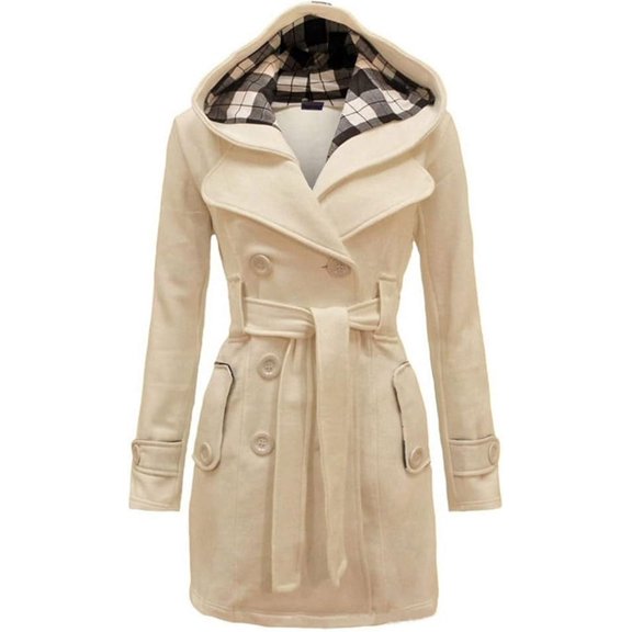 Womens Double Breasted Trench Coat Classic Lapel Belt Peacoat Fall Winter Warm Overcoat Outerwear with Hood