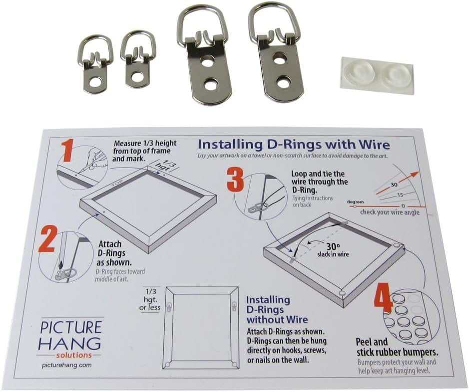 Picture Hang Solutions - Picture Hanging Kit - Includes D-rings, Picture Wire, and Bumpers (Hangs 50 frames)