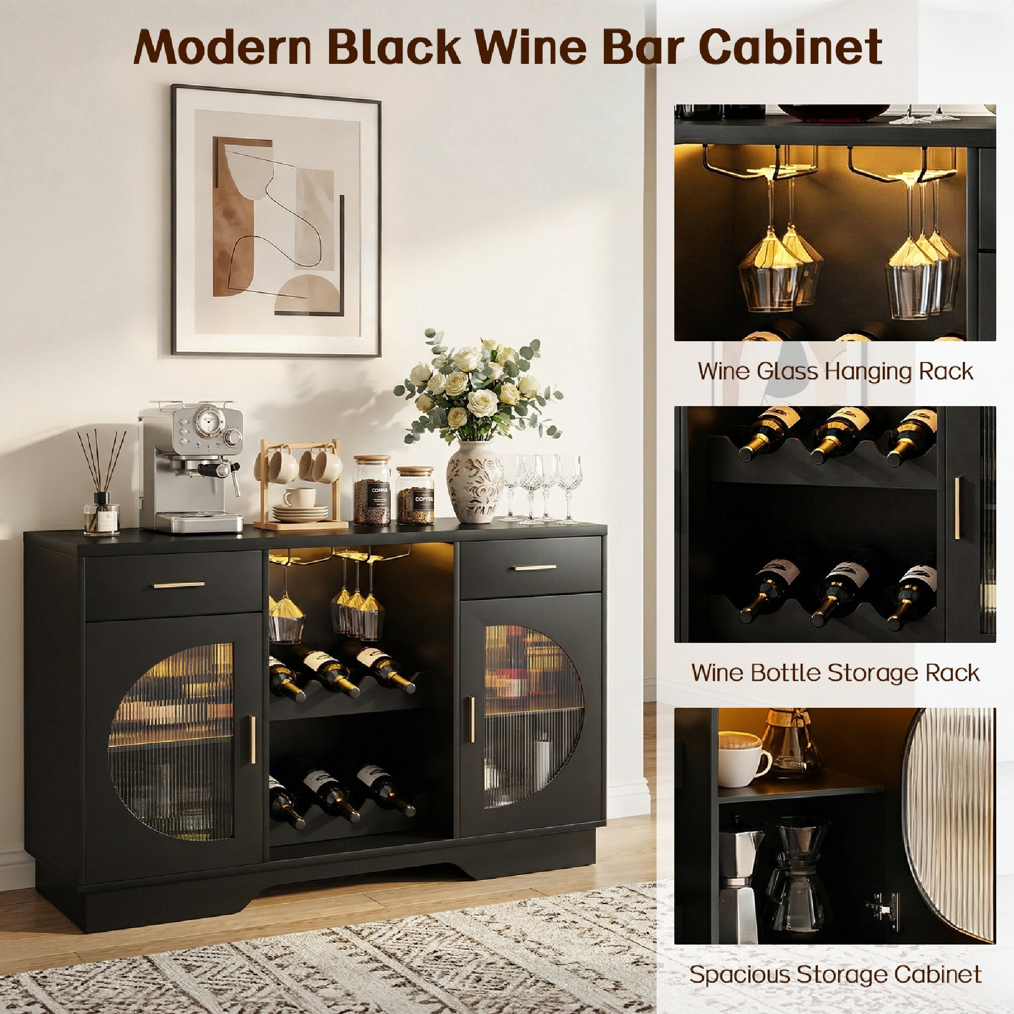 Kbun Coffee Bar Cabinet with Fridge Space, Wine Bar with LED Lights & Power Outlet, Sideboard for Home with Glass Doors, Freestanding Liquor Cabinet, Black