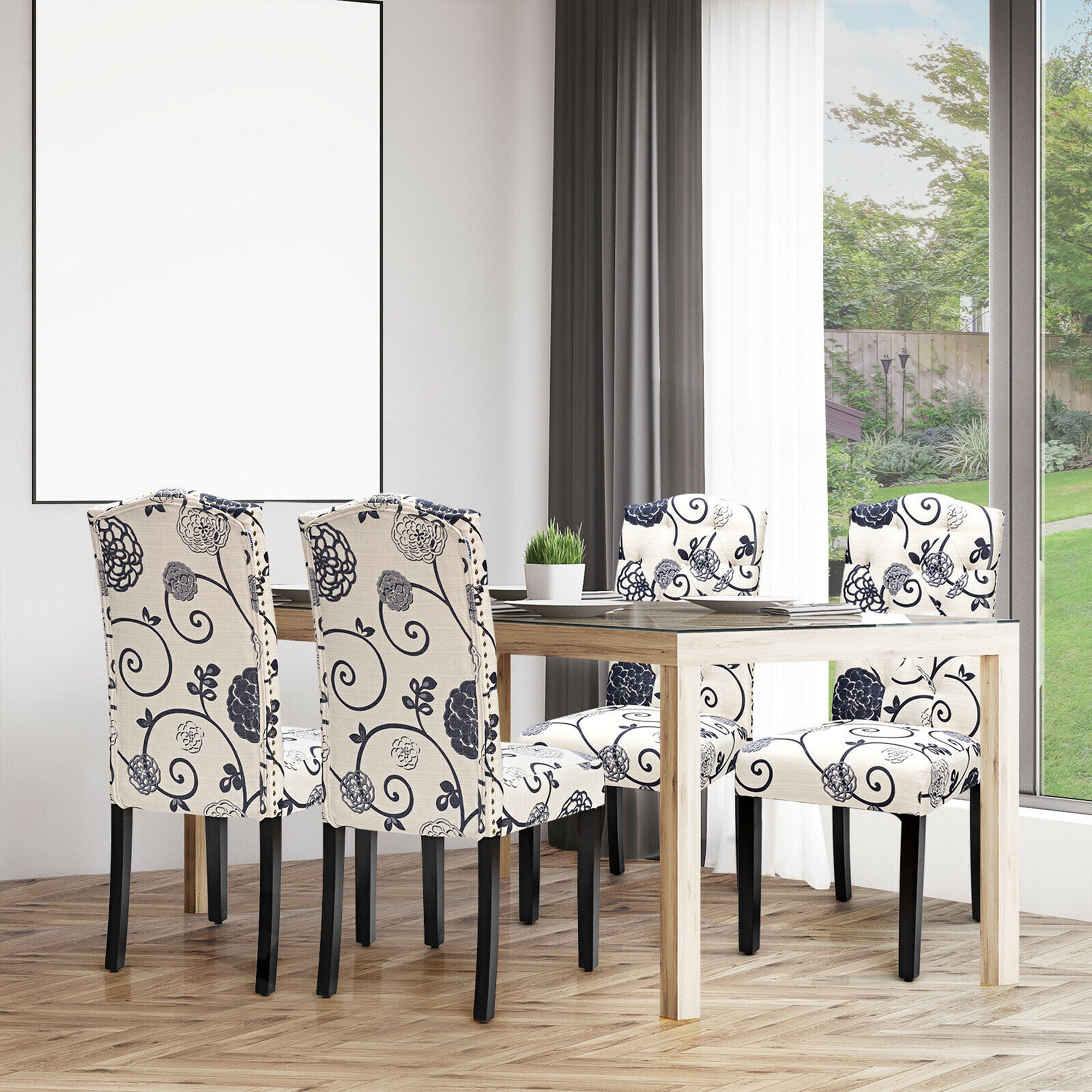 Gymax Set of 2 Tufted Dining Chair Upholstered Nailhead Trim Rubber Wooden Leg