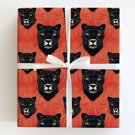 Black Panther Head with Sunburst Pattern on Red Gift Wrapping Paper