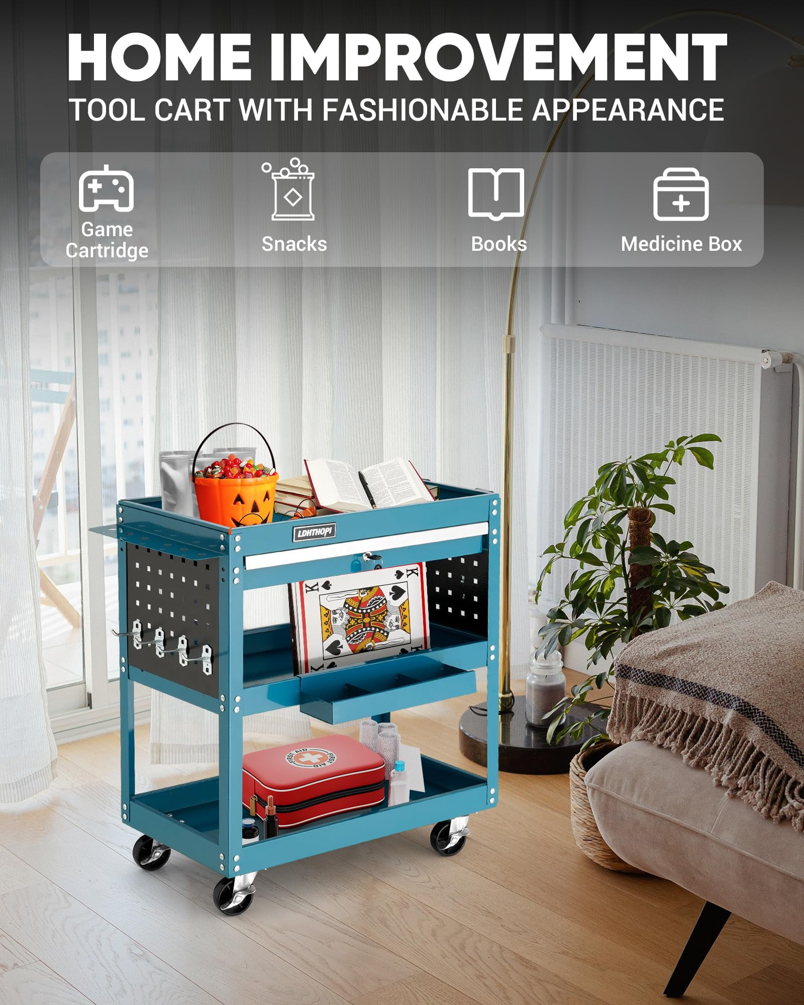 Gewna 3-Tier Metal Rolling Tool Cart, Lockable Drawer, 330 lbs Capacity, Heavy Duty Utility Cart for Garage Blue