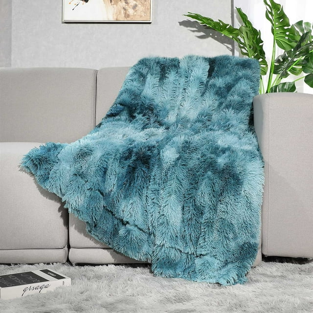 Couverture Décorative Douce et Moelleuse en Fausse Fourrure 50 Pouces x 60 Pouces, Réversible Longue et Moelleuse, Couverture en Microfibre Confortable et Chic pour Canapé/lit, Respirante et Lavable, Bleue