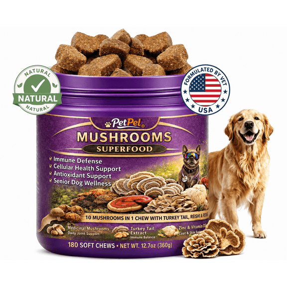 PetPel Mushrooms Superfood Soft Chews for Dogs 10 Medicinal Mushrooms Turkey Tail, Reishi, Zinc & Vitamin D3 - Lipoma Lumps and Bumps,Supports Immune Defense, Antioxidant, Cellular Health 180 Chews