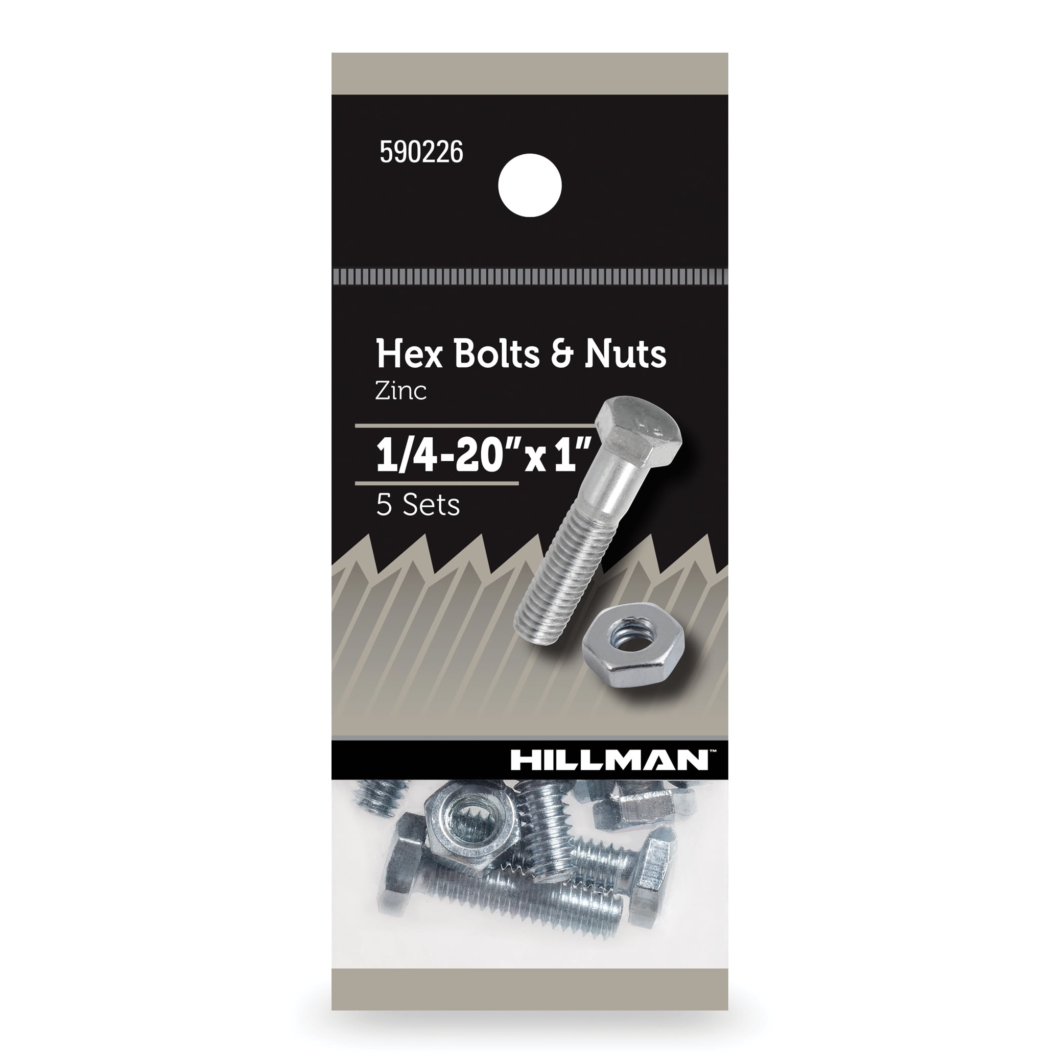 Hillman Hex Bolts and Nuts, Grade 2 Steel, Zinc, 1/4-20" x 1", 5 Sets